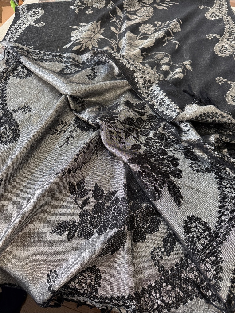 Pashmina Black Silk Blend and Gray Shimmer Floral Shawl Scarf Wrap